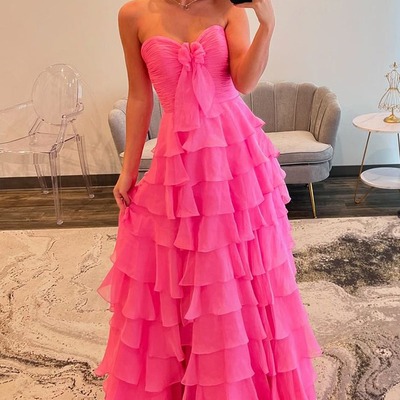 Cute sweetheart pink chiffon tiered a line prom dresses with bow,pd230937