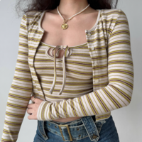 Retro striped chest strap suspenders long-sleeved cardigan women's short two-piece suit - Thumbnail 1