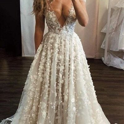 Sexy deep v-neck flowers appliques wedding dress, luxury sparkle floral wedding gown