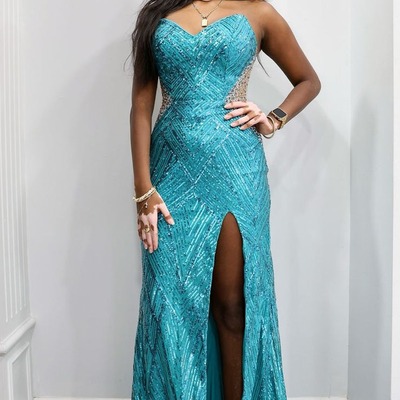 Fashion strapless teal sequins long mermaid prom dresses with beading,pd230938
