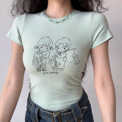 Stick figure print straight shoulder t-shirt