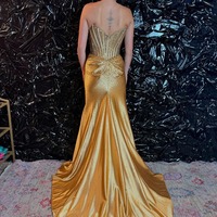 Charming Gold Satin Corset Hot Stone Beading Mermaid Prom Dresses with Slit,PD230939 - Thumbnail 1