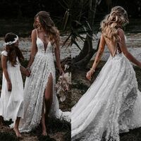 Boho Sexy Deep V-neck Flowers Appliques Wedding Dress, Backless Floral Wedding Gown - Thumbnail 1
