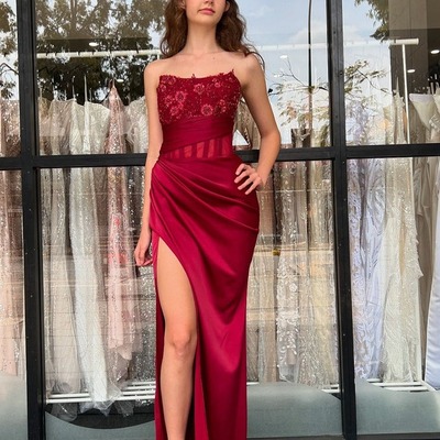 Charming burgundy strapless satin slit mermaid prom dress with appliques,pd230941 - Thumbnail 1