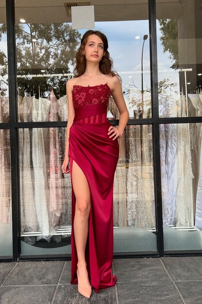 Charming Burgundy Strapless Satin Slit Mermaid Prom Dress with Appliques,PD230941