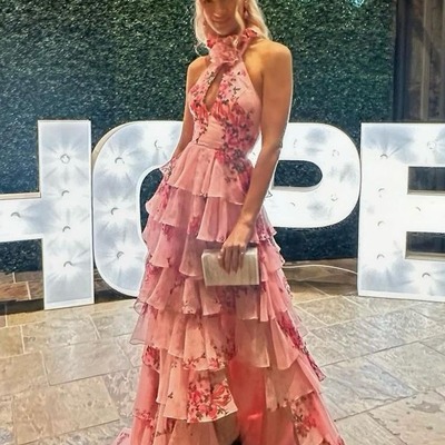 Cute hatler floral printed chiffon tiered a line prom dress,pd230942 - Thumbnail 1