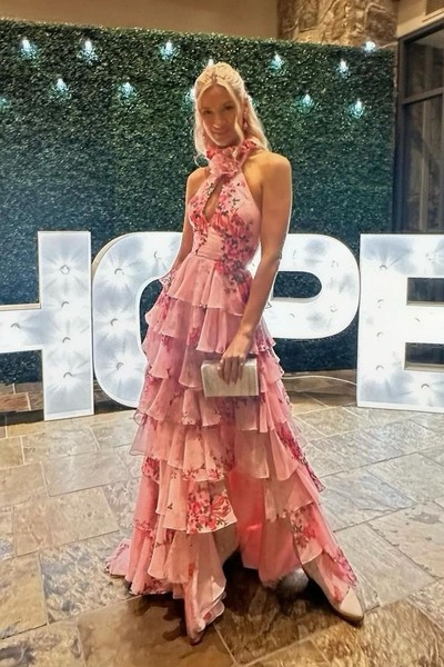 Cute Hatler Floral Printed Chiffon Tiered A Line Prom Dress,PD230942