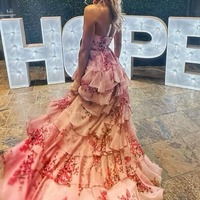 Cute Hatler Floral Printed Chiffon Tiered A Line Prom Dress,PD230942 - Thumbnail 1