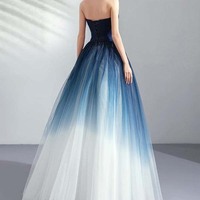 Dreamy Starry Sky Gradient Blue Banquet strapless Fashion Show Wedding Dress Evening Dress - Thumbnail 3