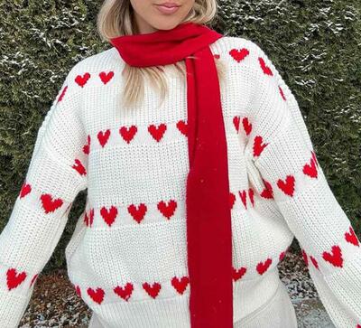 Sweet Love Heart Jacquard Pullover Knit Sweater Jumper