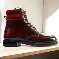 Handmade Burgundy Genuine Patent Leather Boots For Men's - Thumbnail 1