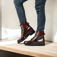 Handmade Burgundy Genuine Patent Leather Boots For Men's - Thumbnail 2
