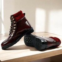 Handmade Burgundy Genuine Patent Leather Boots For Men's - Thumbnail 4