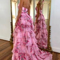 Cute Chiffon Sheath Halter Floral Printed  Tiered Prom Dress with Slit ,PD230947 - Thumbnail 1