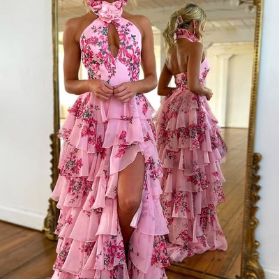 Cute chiffon sheath halter floral printed  tiered prom dress with slit ,pd230947