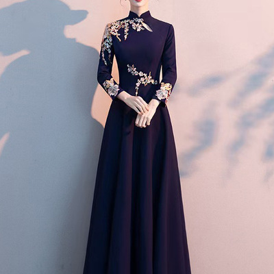 Summer new navy blue performance evening party long dress