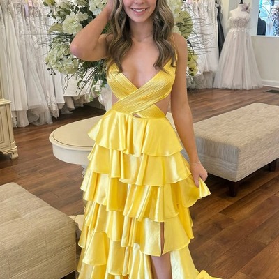 Cute v neck daffodial yellow satin tiered a line prom dress with slit,pd230950 - Thumbnail 1