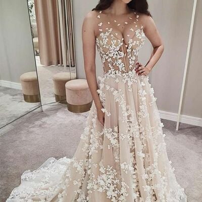 Sexy sheer bodice flowers appliques wedding dress, luxury floral wedding gown