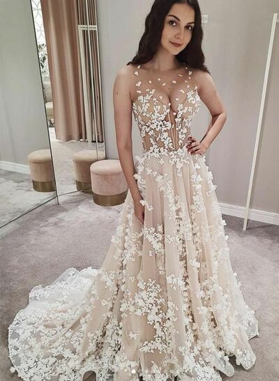 Sexy Sheer Bodice Flowers Appliques Wedding Dress, Luxury Floral Wedding Gown