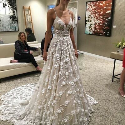 Sexy deep v-neck flowers appliques wedding dress, floral wedding gown wedding dress