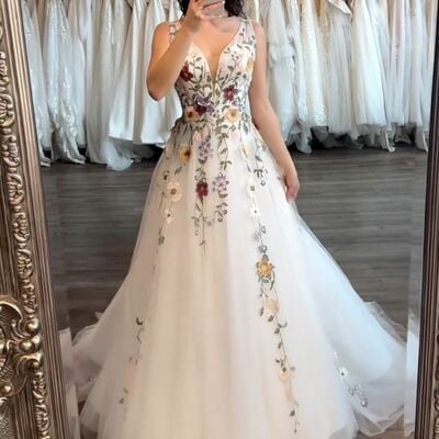 Elegant flowers appliques wedding dress, floral wedding gown bridal dress