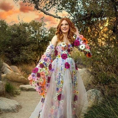 Fairy flowers appliques wedding dress, floral wedding gown bridal dress