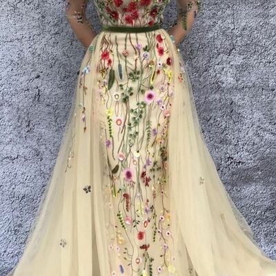 Fairy flowers appliques with detachable train wedding dress, floral wedding gown bridal dress