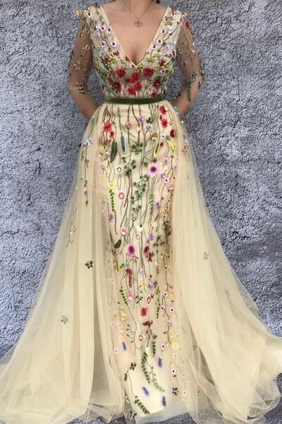 Fairy Flowers Appliques with Detachable Train Wedding Dress, Floral Wedding Gown Bridal Dress