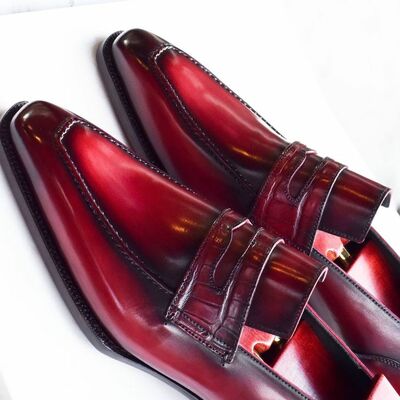 Specially design hand made manufacture red leather polishing penny loafers shoes 