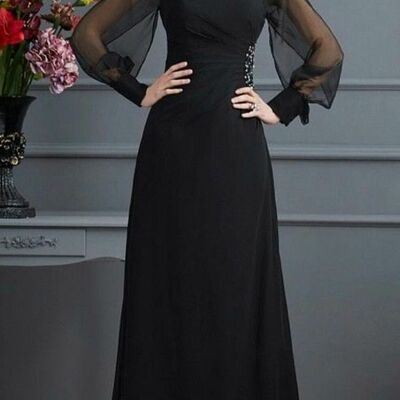 Elegant mother of the bride/groom dress black long sleeve evening formal prom dress - Thumbnail 3