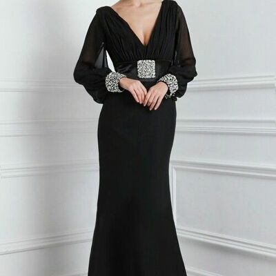 Elegant mother of the bride/groom dress black long sleeve evening formal prom dress - Thumbnail 2