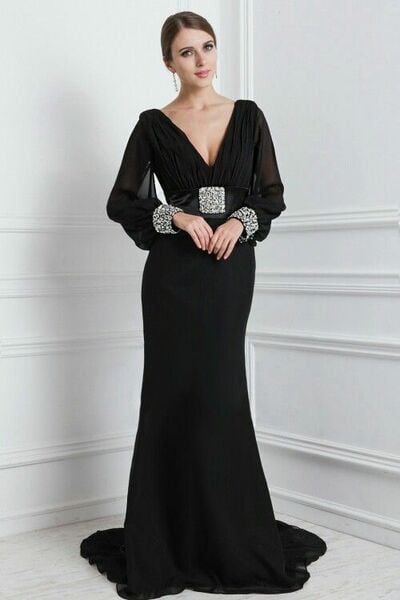 Elegant Mother of the Bride/Groom Dress Black Long Sleeve Evening Formal Prom Dress