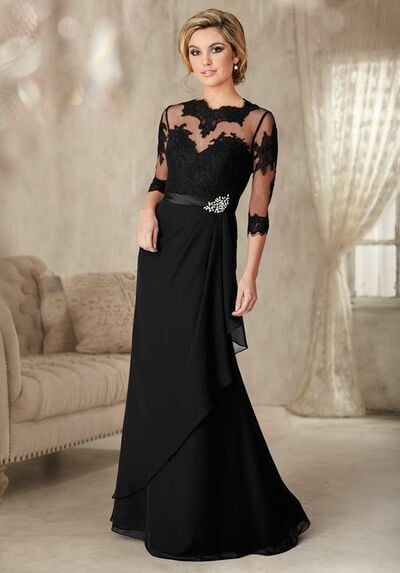 Elegant Mother of the Bride/Groom Dress Black Long Sleeve Lace Evening Formal Prom Dress
