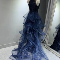 Navy Blue Sequins Long Prom Party Dress - Thumbnail 2