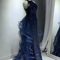 Navy Blue Sequins Long Prom Party Dress - Thumbnail 3