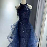Navy Blue Sequins Long Prom Party Dress - Thumbnail 4