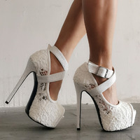 Lace wedding shoes water platform fish mouth high heels - Thumbnail 4