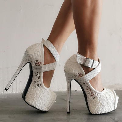 Lace wedding shoes water platform fish mouth high heels