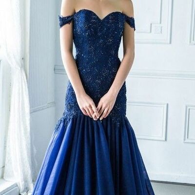 Elegant mother of the bride/groom dress royal blue mermaid lace appliques evening formal prom dress