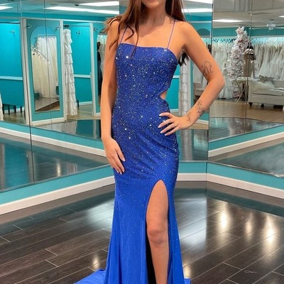Cute straps royal blue satin long mermaid prom dress with beading,pd230951 - Thumbnail 3