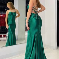 Cute Scoop Neck Dark Green Stretch Satin Long Mermaid Prom Dress,PD230956 - Thumbnail 2