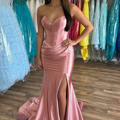 Cute strapless fuchsia satin mermaid prom dress with slit,pd230957 - Thumbnail 2