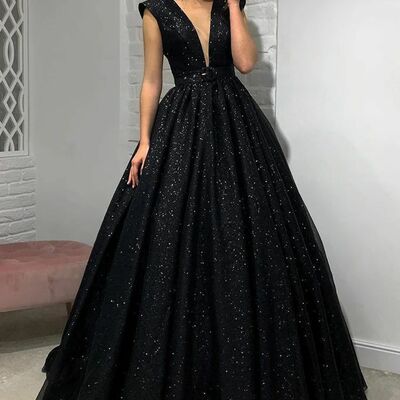 Elegant mother of the bride/groom dress black sequins ball gown puffy evening formal prom dress