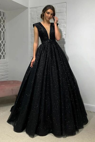 Elegant Mother of the Bride/Groom Dress Black Sequins Ball Gown Puffy Evening Formal Prom Dress