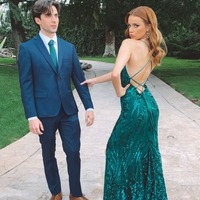 Cute Scoop Neck Dark Green Sequins Mermaid Prom Dress with Slit ,PD230960 - Thumbnail 1