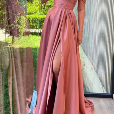 A-line off shoulder sweetheart peach satin split sweep prom dresses - Thumbnail 2