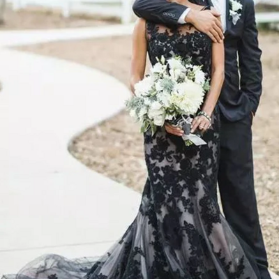 Vintage lace sleeveless sweep train mermaid prom dresses  - Thumbnail 4