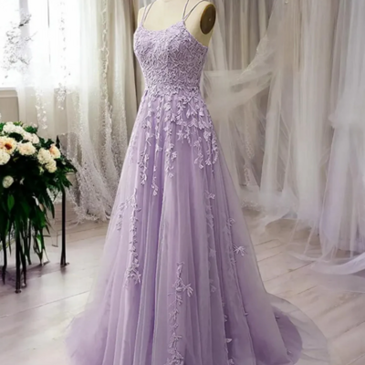 Light purple straps tulle party dress with lace  - Thumbnail 2