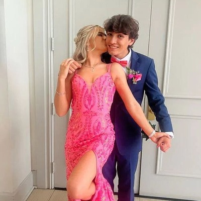 Elegant v neck pink sequins long mermaid prom dress with slit ,pd230961