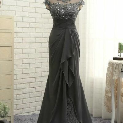 Elegant mother of the bride/groom dress grey lace beading sheath evening formal prom dress